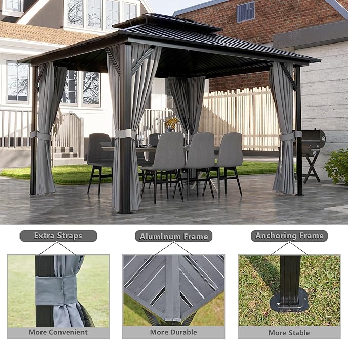 Aoxun 10'x12' Hardtop Gazebo Featuring Aluminum Frame & Double Galvanized Steel Roof, Outdoor Metal Shelter with Netting, Plus LED Waterproof Hanging Lights
