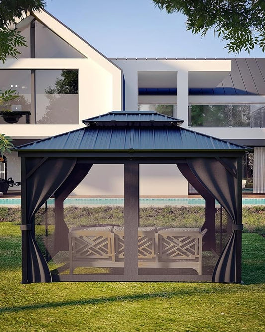 GAOMON Hardtop Gazebo 10'x12' for All Weather, with Double Metal Roof, Aluminum Alloy Frame, Net, and Curtain, Permanent Building of Backyard Luxury for Patio, Deck, Backyard, Lawn, and Garden, Gray