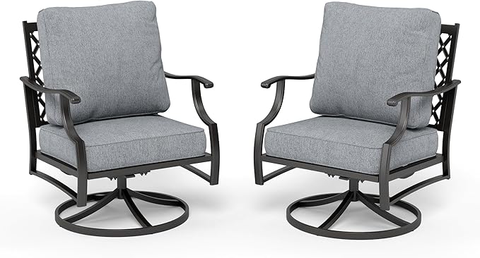 HERA'S HOUSE Outdoor Chairs Set of 2, 2 x Patio Chair with Grey Cushions, All Weather Outdoor Furniture for Lawn Garden Backyard Deck(Swivel Chairs)
