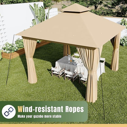 AOXUN Outdoor Gazebo for Patio 10x10, Metal Frame Canopy with Double Roofs, Heavy Duty Party Tent and Shelter with Mosquito Netting and Privacy Screen for Backyard, Lawn, Garden, Deck (Beige)