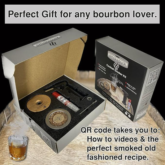 Cocktail Smoker Kit - Made in USA - Lifetime Warrenty - Apple+Cherry+Walnut Wood Chips - Create Smoked Old Fashioned - Great Bourbon Gift - Premium Torch & NEW Gift Box. (Includes Butane)