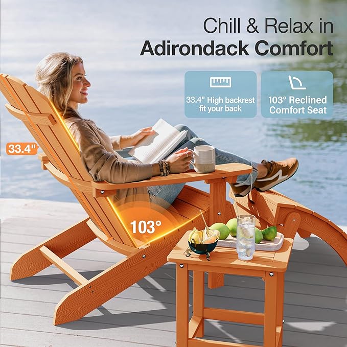 YEFU Adirondack Chairs Set of 4: Outdoor Chair HIPS Plastic Adirondack Chairs - Patio Chairs with Wood Texture - Lawn Fire Pit Deck Porch Garden Chairs for Adults (Tangerine)