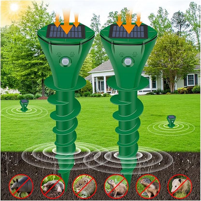 Mole Repellent Solar Powered Ultrasonic, Gopher Repellent Outdoor for Lawn Garden Yard,Waterproof Mole Killer Traps,Sonic Spikes Get Rid of All Pests Gopher Vole Groundhog Chipmunk Snake, 2 Pack-Green