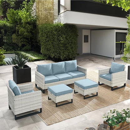 HUMMUH Outdoor Patio Chairs Metal Frame Wicker Dinning Chairs with Side Table 4 inch Seat Cushions Light Blue