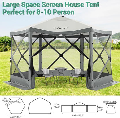 COBIZI 12x12ft Pop up Gazebo Screen Tent Screen House for Camping, Camping Outdoor Screened Gazebo with Mosquito Netting, Portable Hub Tent with Carrying Bag and Ground Stakes, Grey(Upgraded 2.0)