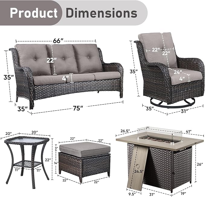 Wicker Outdoor Conversation Se with 50,000 BTU Gas Propane Fire Pit Tablet-7 Pieces Outdoor Wicker High Back Couch Patio Furniture for Deck Poolside Backyard