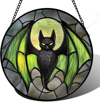 Stained Glass Window Hanging - Halloween Black Bat Green Wings Monster Suncatcher for Doors Garden Home Spooky Sun Catchers Gothic Decor Horror Gift for Women Men Friend Boy Girl 6.3 in