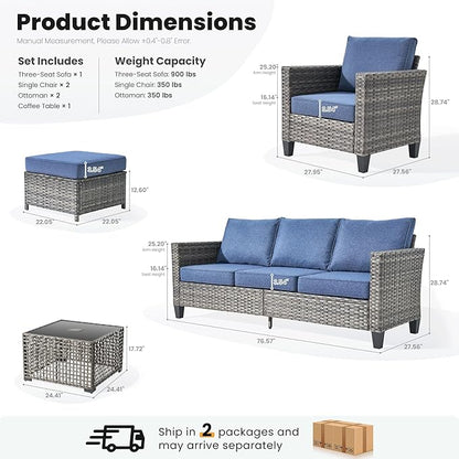 ovios 6 Pieces Patio Furniture Set Outdoor Sofa Couch with Solar Lights Table Comfy Cushions, Modern Deep Seat Wicker Rattan Conversation Set for Porch Deck, Denim Blue