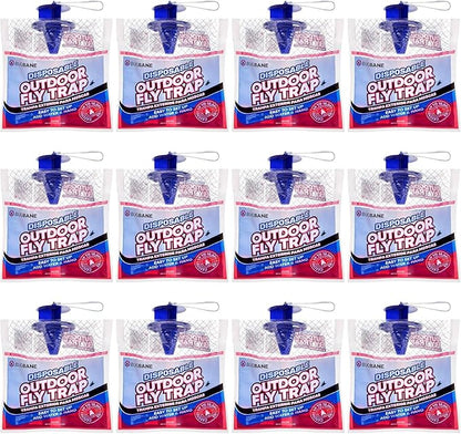 Fly Traps Outdoor Fly Trap for Patio. 12 Non-Toxic Pre-Baited Flies Bags Outdoor Disposable. Hanging Bug Catchers for All Filth Flies Killer for Outside Bug Control in Yard Horse Ranch Trash Can