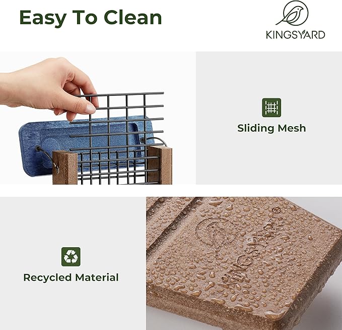 Kingsyard Recycled Plastic Suet Bird Feeder, Double Capacity Tail-Prop Suet Feeder for Outside Hanging, Sturdy & Durable, Great for Woodpecker & Clinging Birds, Blue