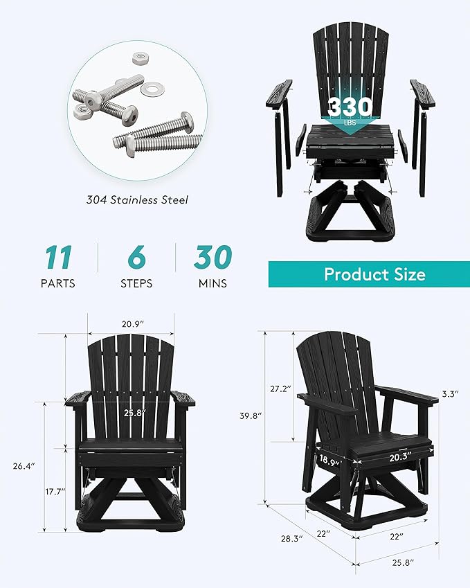SERWALL Adirondack Swivel Glider Chair, HDPE Swivel Glider Set of 4 for Outdoor, All-Weather Glider Rocking Chair for Porch, Balcony, Black