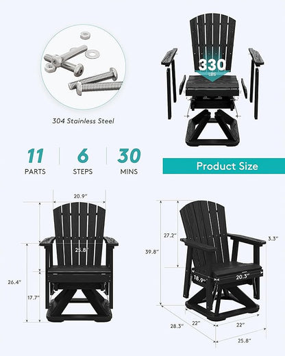 SERWALL Adirondack Swivel Glider Chair, HDPE Swivel Glider Set of 4 for Outdoor, All-Weather Glider Rocking Chair for Porch, Balcony, Black