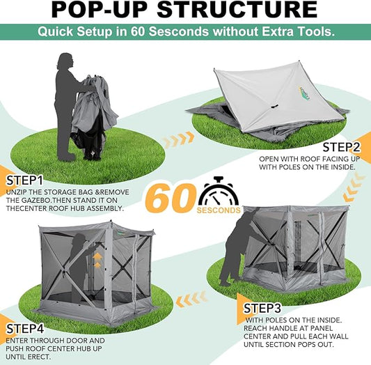 COBIZI 6x6 Pop up Gazebo Tent, Ez up Waterproof Screen Tent Screen House, Portable Outdoor Canopy Sun Shelter with Carry Bag & Ground Stakes for Camping, Garden and Picnics, Gray(Upgraded 2.0)