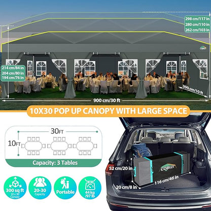 COBIZI 10x30 Pop Up Canopy Tent with Sidewalls One Push Outdoor Wedding Event Tent UPF 50+ Waterproof Gazebo with Air Vent, Tents for Party, Wheeled Bag, Sandbag, Stake, Rope, Grey