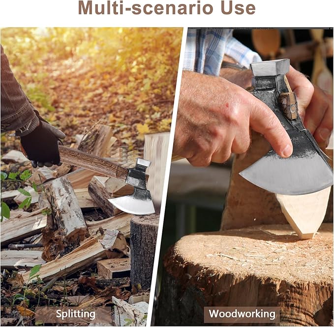 Wood Splitting Axe with Leather Sheath,Camping Hatchet with 10.74" Solid Handle,Bushcraft Axe with Hammering for Gardening,Chopping, Felling, Survival,Carving