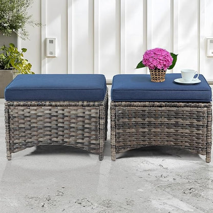 5 Piece Patio Furniture Wicker Conversation Set, 2 Swivel Chairs, 2 Ottomans with 1 Side Table, for Outdoors, Backyard, Deck, Navy