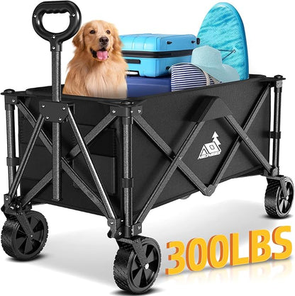 Collapsible Wagon Carts with Large Capacity, Utility Beach Wagons Heavy Duty Foldable,Side Pockets,300lb Load-Bearing Outdoor for Camping, Garden, Sports, Picnic, Shopping-Black U-Black