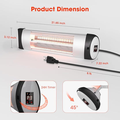 Outdoor Heater for Patio, 1500W Wall-Mounted Heater, Patio Heaters for Outdoor Use, 24H Timer, Waterproof, Carbon Fiber Tube, for Backyard Gazebo Garage Black