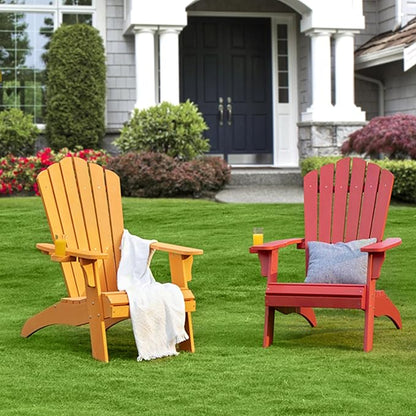 Psilvam Adirondack Chair, Oversized Poly Lumber Fire Pit Chair with Cup Holder, 350Lbs Support Patio Chairs for Garden, Weather Resistant Adirondack Chair Looks Like Real Wood (4, Red)