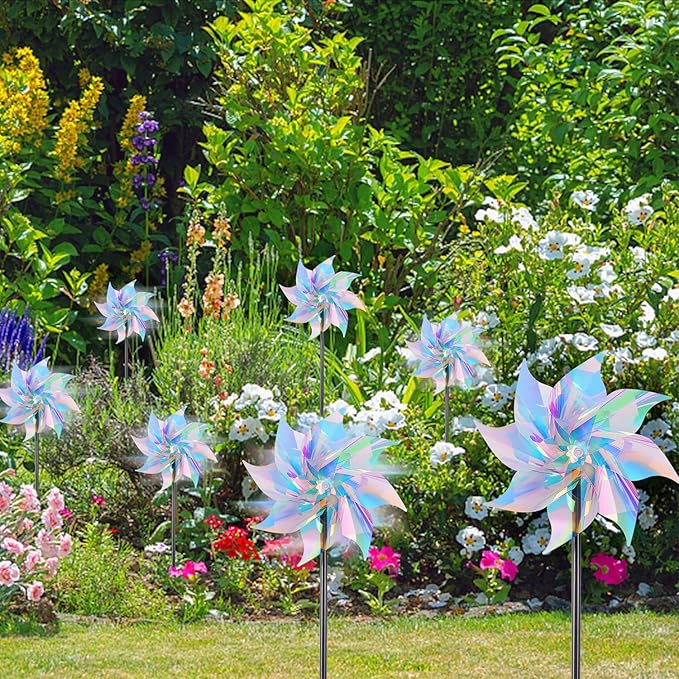 Hausse 10 Pack Reflective Pinwheels Wind Spinner, Extra Sparkly Pinwheel with Stakes, Bird Repellent Blinder Devices Deterrent to Scare Birds Away from Yard Patio Farm Garden, Transparent Rainbow