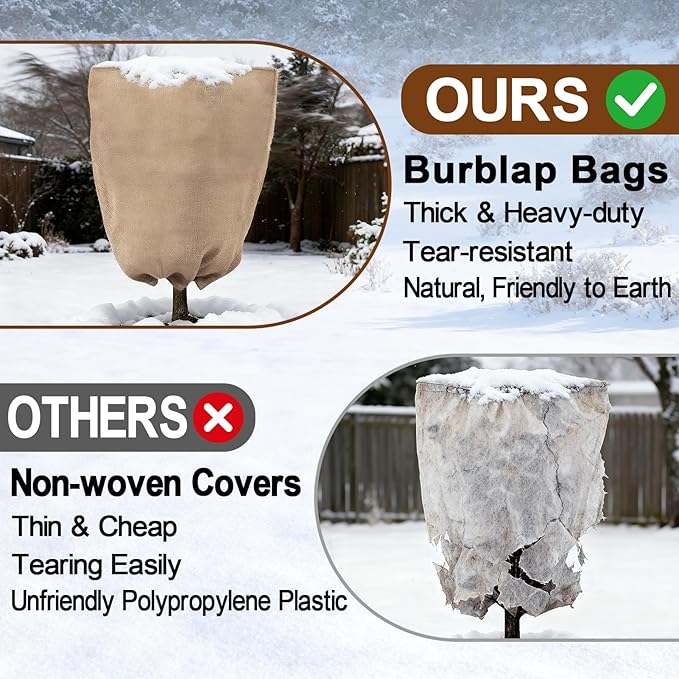 ANPHSIN Burlap Plant Covers Freeze Protection for Patio Winterizing - 2pcs 24"×40" Winter Frost Protector with Drawstring, Reusable Tree Freeze Blanket for Garden Bushes