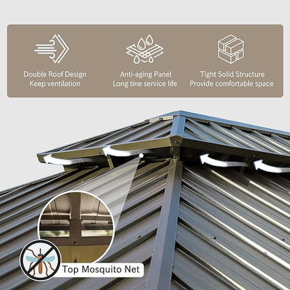 Domi 12'x16' Hardtop Gazebo with Gutters, Outdoor Aluminum Frame Canopy with Galvanized Steel Double Roof, Outdoor Permanent Metal Pavilion with Curtains and Netting