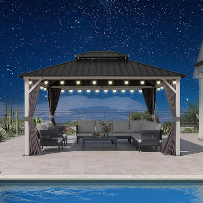 PURPLE LEAF 12' X 14' Outdoor Gazebo Hardtop, Metal Roof White Aluminum Frame Gazebo with Curtain and Netting for Patio, Garden and Backyard