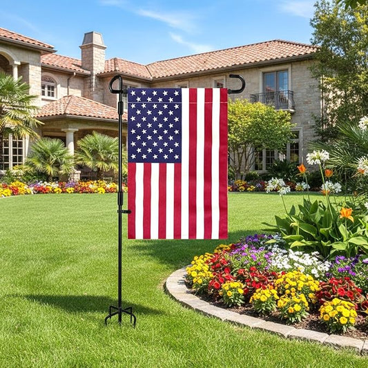 TOPFLAGS 2 Pack Garden Flag Stand with American Flag Garden Flag Heavy Duty Metal Yard Flag Holder Pole Stake Small Flag Stands for Garden Flags 12 x 18 with Clips and Stopper