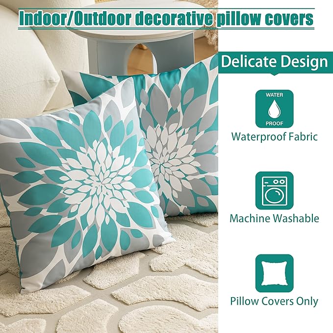 Qahing Pack of 4 Outdoor Waterproof Pillow Covers 24x24 Decorative Outdoor Throw Pillows Garden Square Cushion Cases for Patio Furniture, Couch, Tent Sunbrella, Bench, Teal Turquoise Grey