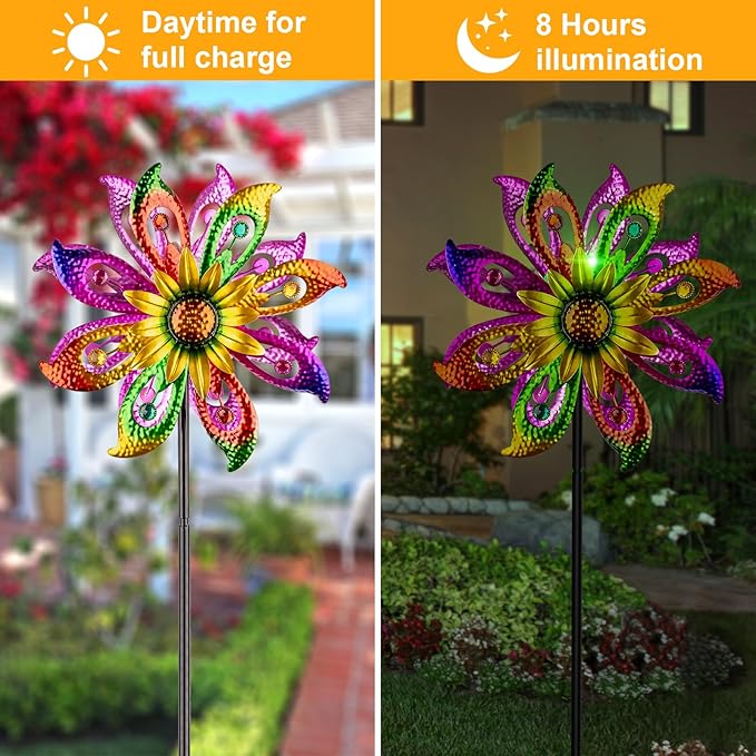 360°Solar Wind Spinner with Lights Sunflower Garden Outdoor Decor Yard Lawn Art Decor for Patio Kinetic Windmills Unique Gifts for Friends and Family 60.63'' H x 13.38'' Dia