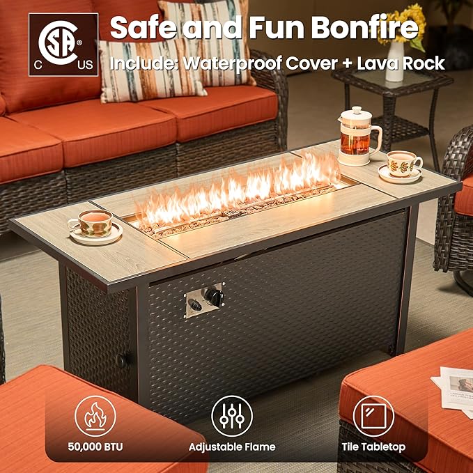 ovios 7 Pieces Patio Furniture Set, Outdoor Wicker Sofa Couch with Swivel Chairs 54" Fire Pit Table, High Back All Weather Modern Conversation Sets, Brown Rattan, Orange Red