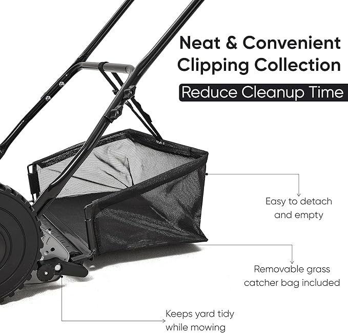 16" Push Reel Lawn Mower with Grass Catcher – Manual 5-Blade Hand Mower, Adjustable 3-Position Cutting Height (0.5"–1.75"), Lightweight & Eco-Friendly – 1-Year Warranty