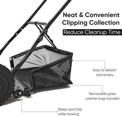 16" Push Reel Lawn Mower with Grass Catcher – Manual 5-Blade Hand Mower, Adjustable 3-Position Cutting Height (0.5"–1.75"), Lightweight & Eco-Friendly – 1-Year Warranty