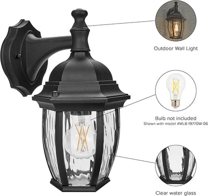 Maxxima Outdoor Wall Light with Clear Water Glass, Patio or Porch Sconce Fixture, Ideal for Exterior Decor Lighting, Black, E26 Socket, Bulb Not Included