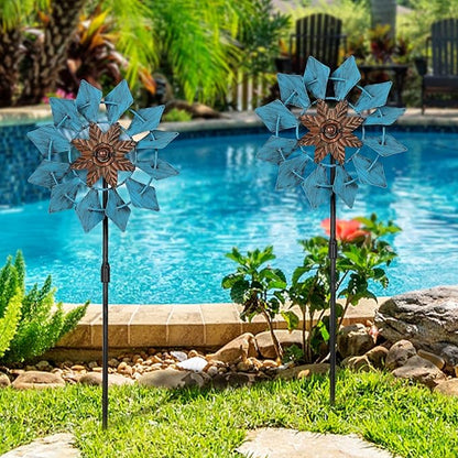 3 Pack Wind Spinners with Metal Stake, 16.3 Inches Yard Garden Sculptures for Outdoor Spring Decoration Lawn Patio Wind Catcher Windmill (Blue Flower)