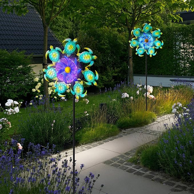 Sea Turtle Outdoor Solar Wind Spinners for Yard - 51" Metal Wind Sculptures Garden Stake with Color Changing LED Lights 360° Windmill Kinetic Spinner for Lawn Patio Decor