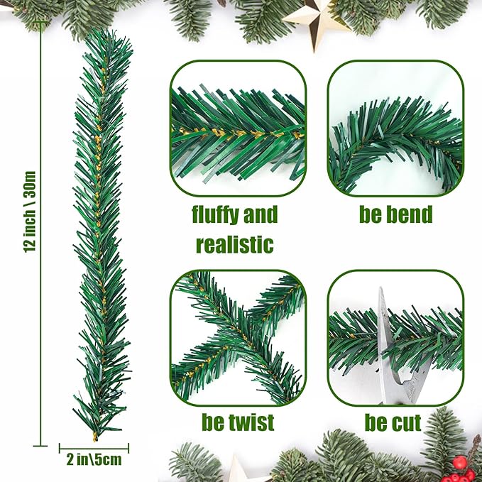 Uieke 200 Pcs Christmas Garland Ties 12Inch Artificial Pine Needles Garland Faux Pine Greenery Stems Twist Wired Tree Branches Wreath Tie for Craft Gift Wrapping Party Supply Christmas Decoration