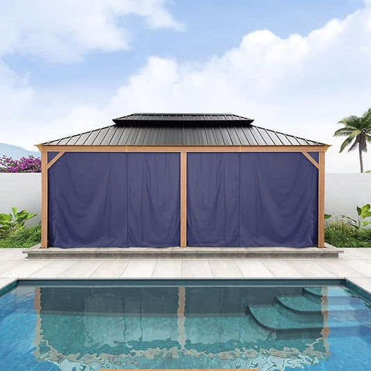 PURPLE LEAF 12' X 20' Outdoor Hardtop Gazebo for Patio Galvanized Steel Double Roof Permanent Canopy Teak Finish Coated Aluminum Frame Pavilion Gazebo with Netting and Navy Blue Curtains