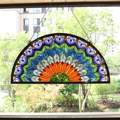 Bieye W10034 Peacock Feather Tiffany Style Stained Glass Window Panel Hangings with Chain, 36 inches Wide Half Round Shape