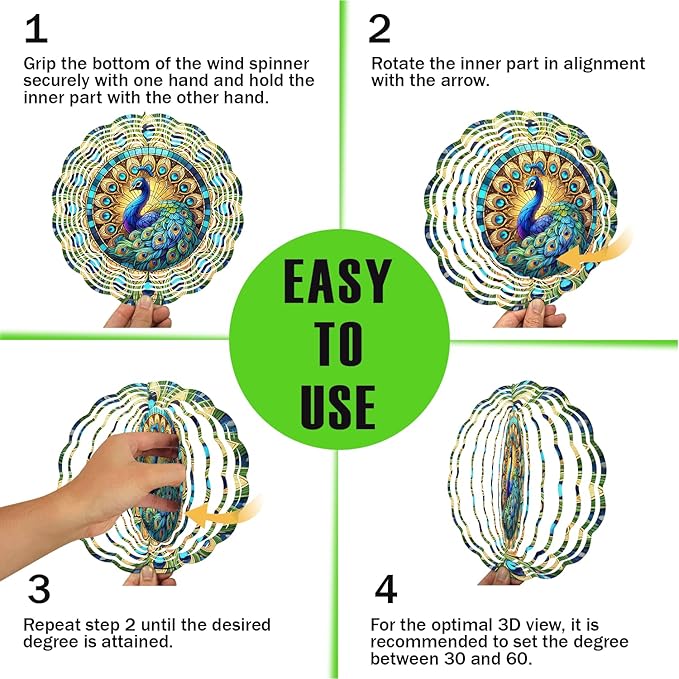 Peacock Wind Spinner, 3D Hanging Stainless Steel Garden Spinner, Wind Spinner Hanging for Outdoor & Indoor Décor, Unique Gifts for Yard Garden Decoration or Patio Décor (Peacock)