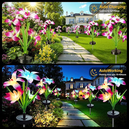 Solar Flowers Lights - Upgraded Outdoor Lily Flowers Lights, 7-Color Changing & Waterproof Outdoor Solar Lights for Garden, Patio, Backyard,Party and Office (Lily, 4)