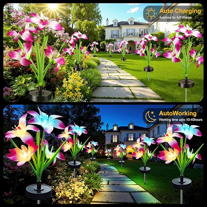 Solar Flowers Lights - Upgraded Outdoor Lily Flowers Lights, 7-Color Changing & Waterproof Outdoor Solar Lights for Garden, Patio, Backyard,Party and Office (Lily, 2)