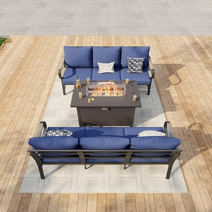 3 Pieces Modern Patio Furniture Set, All Weather Metal Outdoor Conversation Sets with Fire Pit Table for Backyard Garden Deck Porch Poolside, Blue
