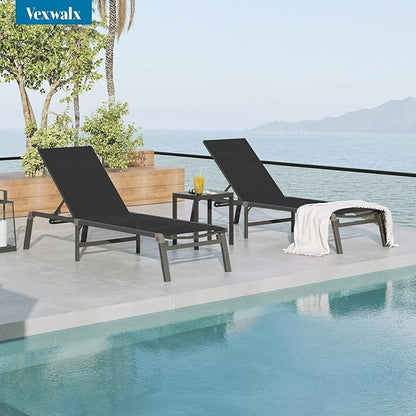Foldable Pool Lounge Chairs, Aluminum Chaise Lounge Outdoor with 5 Positions Recliner - Free Assembly - Patio Lounge Chair for Poolside, Beach (Black)