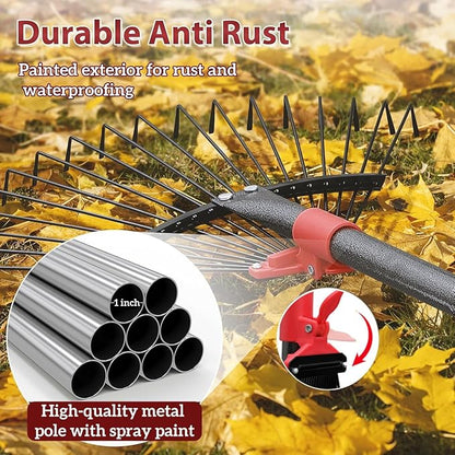 61 Inch Rake for Leaves , Adjustable 18 Tines with Expandable Head 9-18in Grass Rake Heavy Duty Metal Rakes for Women Children Yard Gardener Gardening Grass Debris Lawns