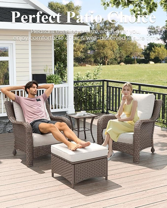 LayinSun 7 Piece Wicker Outdoor Furniture Set with 6-inch Comfy Cushions, High Back Patio Furniture Set with Rattan Armchairs and Fire Pit Table