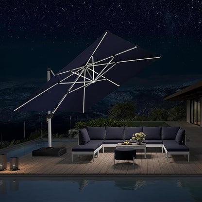 PURPLE LEAF 12 Ft Double Top Patio Cantilever Umbrella Outdoor Solar Powered LED Square Offset Large Garden Umbrella, Navy Blue