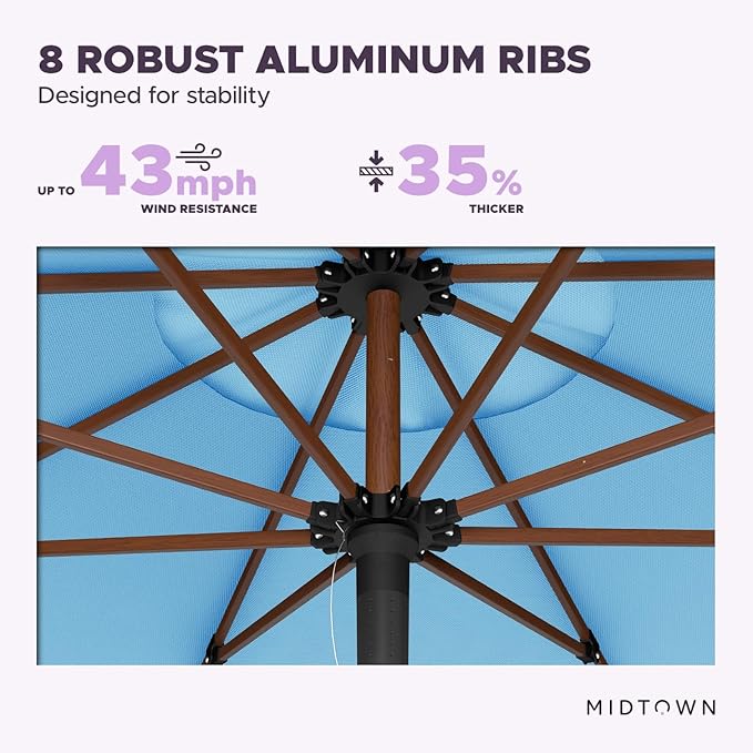 Midtown Umbrellas The Wooden 9 Feet Patio Umbrella With Sunbrella Capri Acrylic Fabric - Aluminum Frame Market Umbrella For Backyard, Deck, Garden, Pool - Wooden Pole