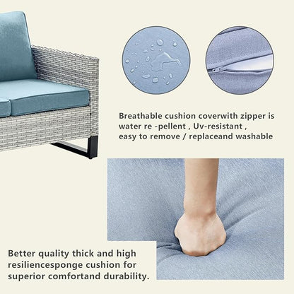 Rilyson Wicker Outdoor Patio Furniture Set - 6 Piece Patio Conversation Set with 2 Armrest Chairs,2 Rattan Ottoman,1 Couch and 1 Metal Side Table for Outside Porch Deck Backyard(Light Grey/Sky Blue)