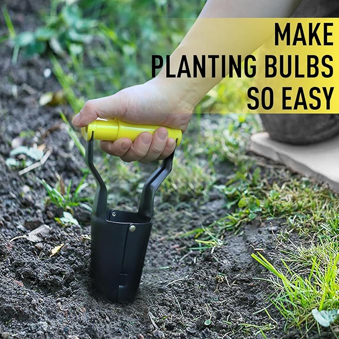 Jardineer Small Bulb Planter Tool– Compact Stainless Steel Transplanter for Bulbs, Seedlings & Flowers – Ergonomic Handle with Depth Markings – Silver & Black– Durable Garden Planting Tool